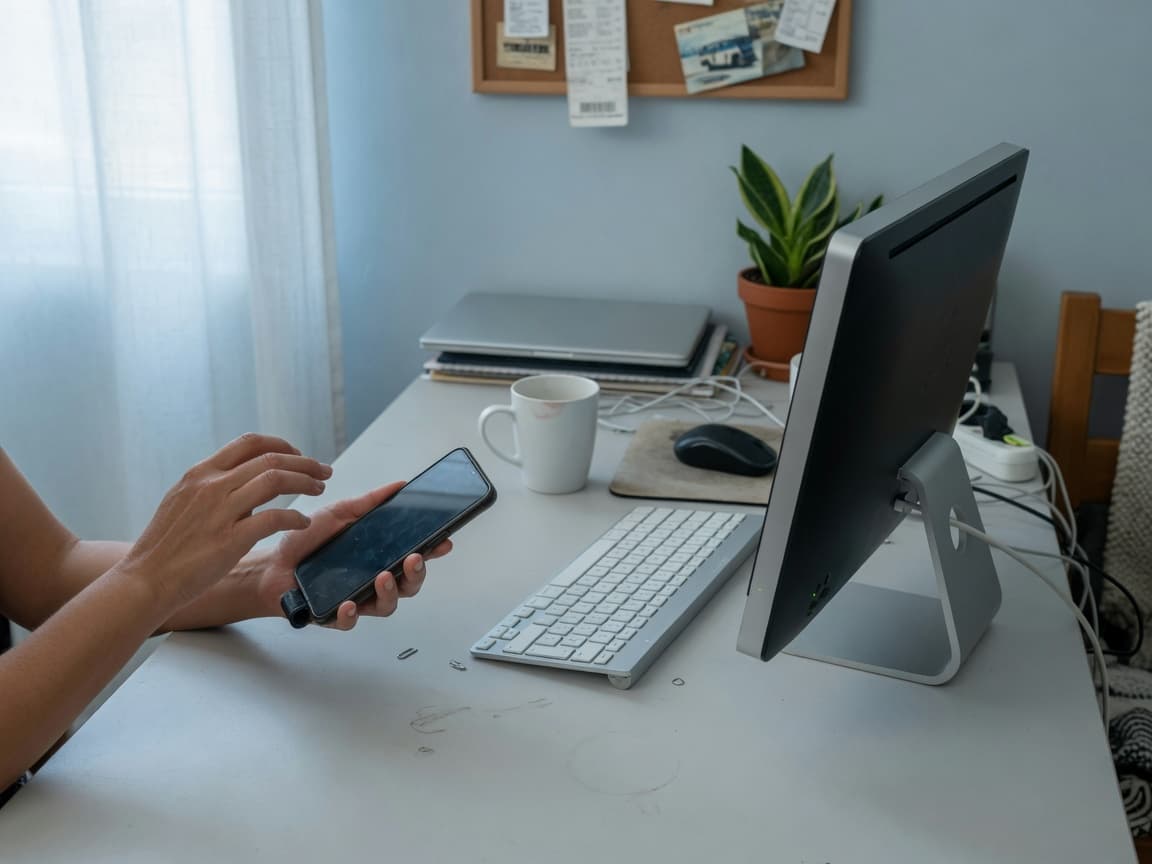 Hands holding a phone toward a desktop computer on a pale desk, pairing a second device.